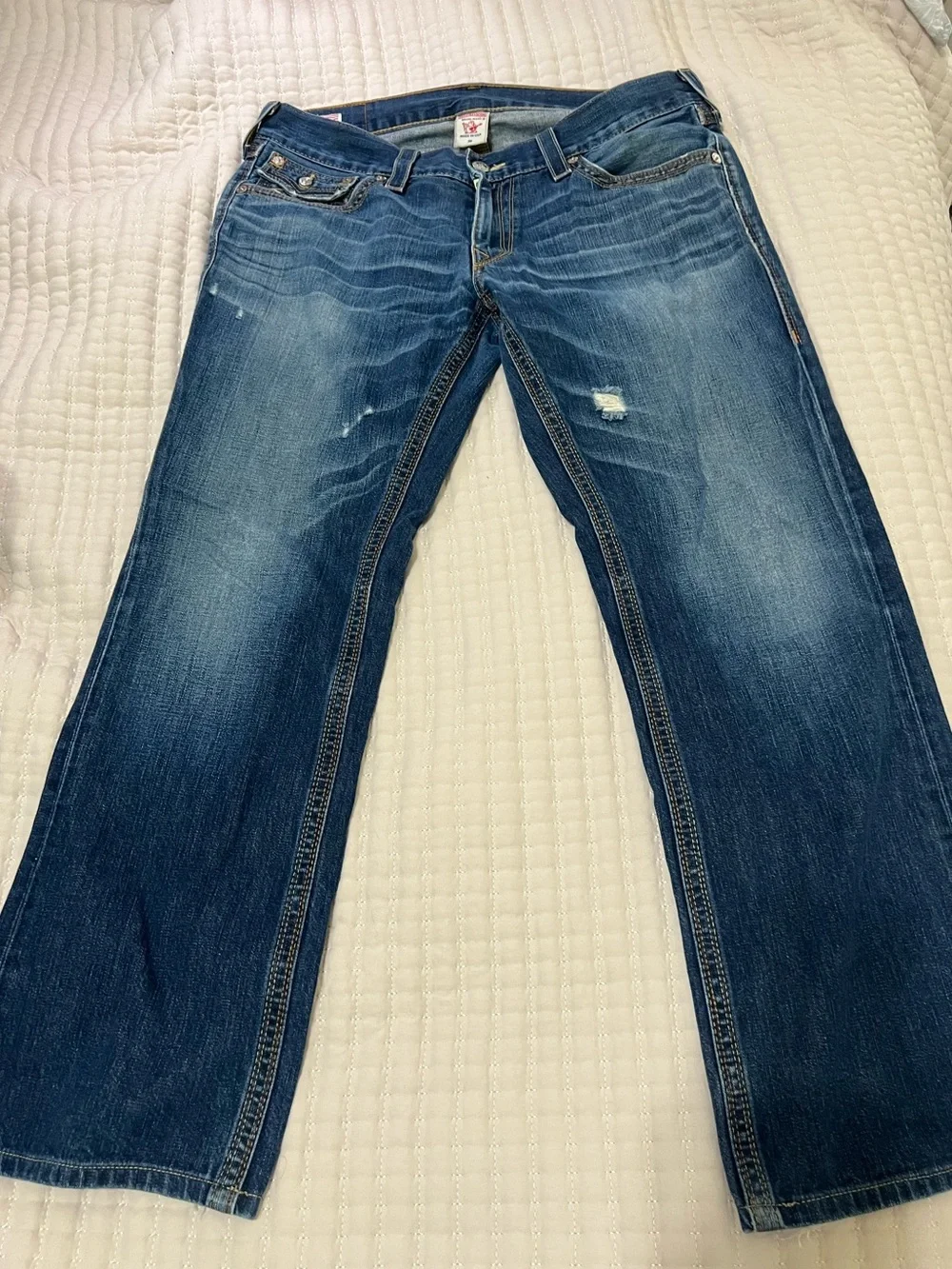 True Religion Men's USA Made Dark Blue Denim Bootcut Jeans with Gold Stitching
